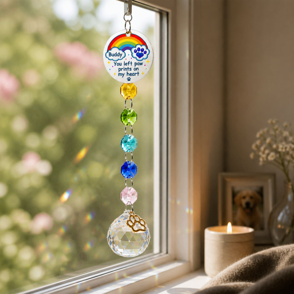 Pet Memorial Suncatcher – You Left Paw Prints On My Heart (Name Personalized) - Personalized 1 Layered Suncatcher with Charm 2ae48c1e-2330-4183-bfd0-bb8408d134db.jpg