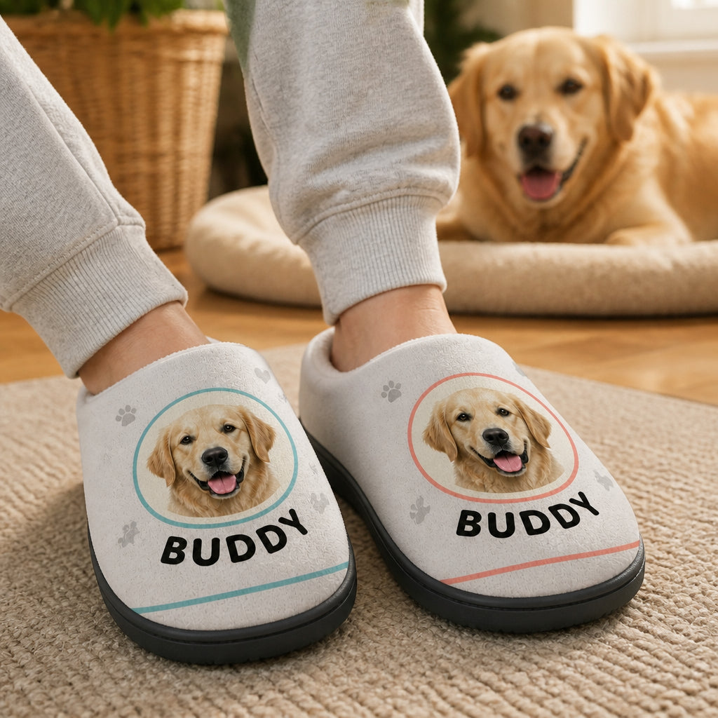 Custom Pet Face Cozy Slippers – Single Photo Badge with Name Pattern - Personalized Fleece Slipper 2b21c985-26d4-472b-8f74-66213c095e12.jpg
