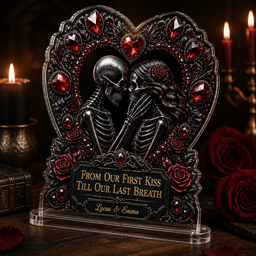 Gothic Skeleton Lovers Heart Acrylic Plaque – From Our First Kiss – Personalized Names - Personalized Heart Shaped Acrylic Plaque 2b8d011d-d6b2-412e-a661-25f2448bff65.jpg