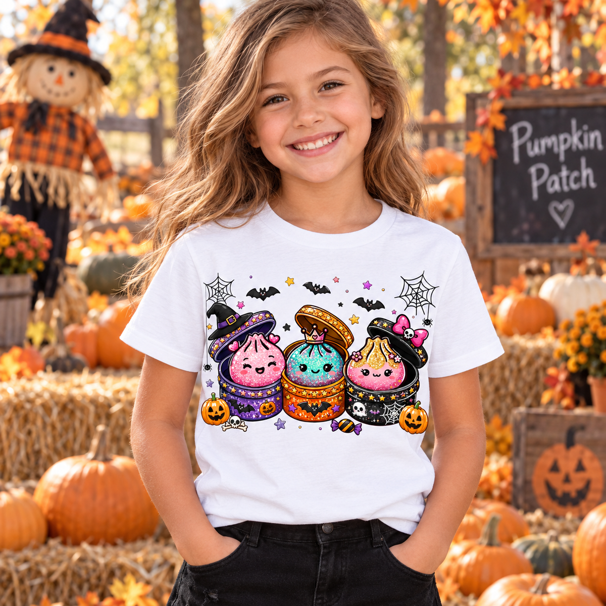 Cute Halloween Dumpling Girls T-Shirt – Glitter Witch Bao Buns, Bats & Pumpkins Spooky Season Tee for Girls 2ba8256b-e881-4e90-b3ba-87d681b72660-banner-1.png
