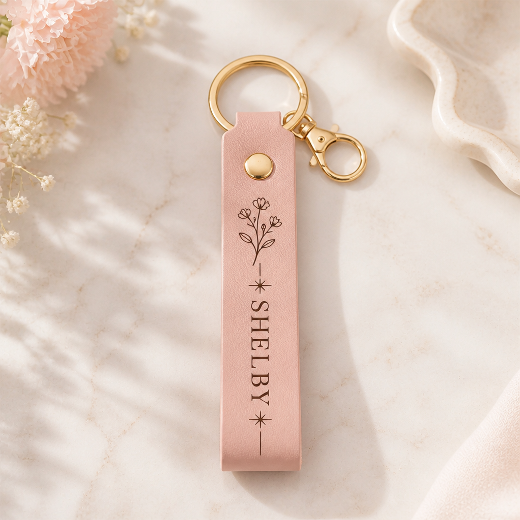Personalized Engraved Leather Name Keychain – Floral Line Art - Personalized Leather Keychain 2c2c757c-56d1-4671-8cfd-8732c8b01075.png