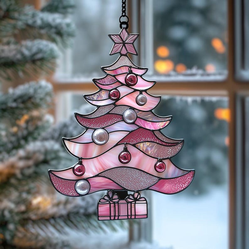 Rose Pink Christmas Tree Acrylic Suncatcher, 2D Faux Stained Glass Ornament, Sparkle Holiday Window Hanging Decor 2ca31d6f-005a-4bed-8b9f-71abbefc3dbf-h6.jpg