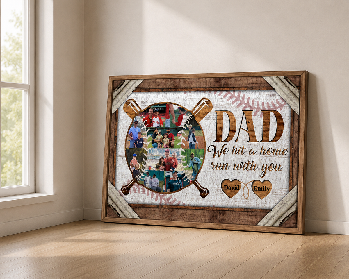Personalized Dad Baseball Photo Collage Canvas, We Hit a Home Run With You Custom Kids Names, Father's Day Gift for Baseball Dad