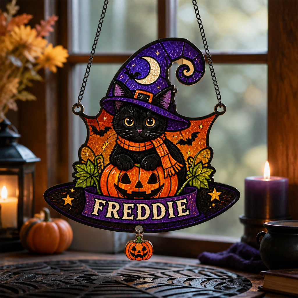 Personalized Halloween Witch-Hat Cat Doormat (Custom Shape) - Personalized 1 Layered Suncatcher with Charm 2cc73015-515d-49c3-ad3d-f8caa759878d.jpg