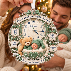 Personalized Baby’s First Christmas Ornament 2026 – Custom Name & Birth Stats Clock Keepsake, New Baby Gift for Parents 2cc91733-7aae-4522-97ef-d3bb90422cb7-Sage-Green-Birth-Stat-Christmas-Ornament-4.png
