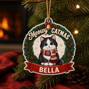 Meowy Catmas Personalized Cat Name Ornament – Wreath Edition - Personalized Laser Cut Custom Shape Ornament 2cca179f-b89d-4d9a-9580-a88a8320548e.jpg
