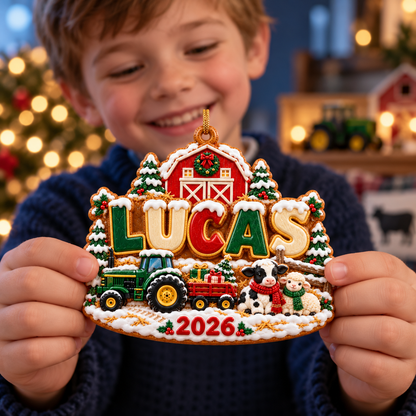 Personalized Farm Christmas Ornament 2026 – Custom Name with Tractor, Barn and Farm Animals, Little Farmer Gift for Kids 2d4f9d3d-a99f-4285-9823-8f3590113334-Joyful-child-receives-personalized-Christmas-farm-ornament-2.png