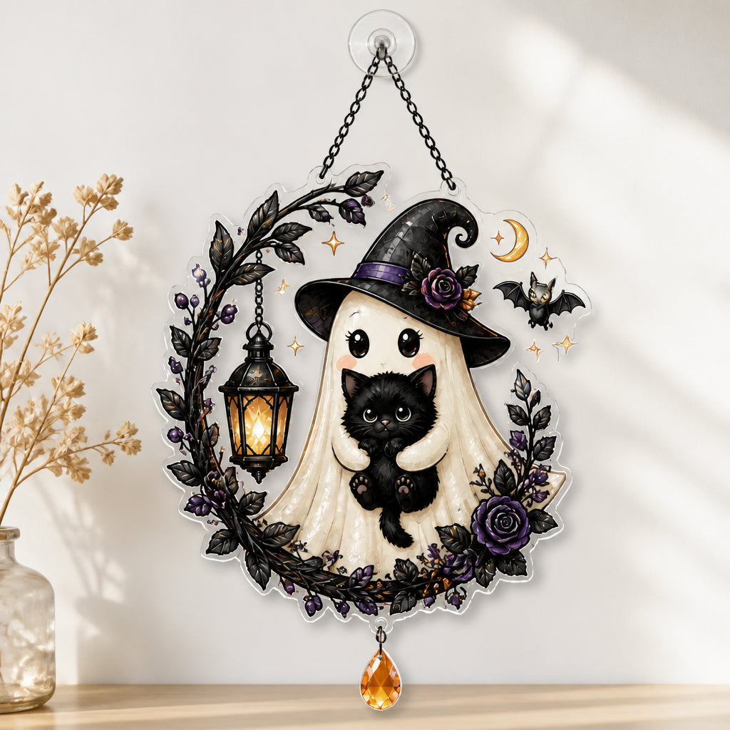 Cute Witch Ghost & Black Cat Halloween Metal Sign - 1 Layered Suncatcher with Charm 2d52a228-0424-4230-8fbc-633bdeb64db4.jpg