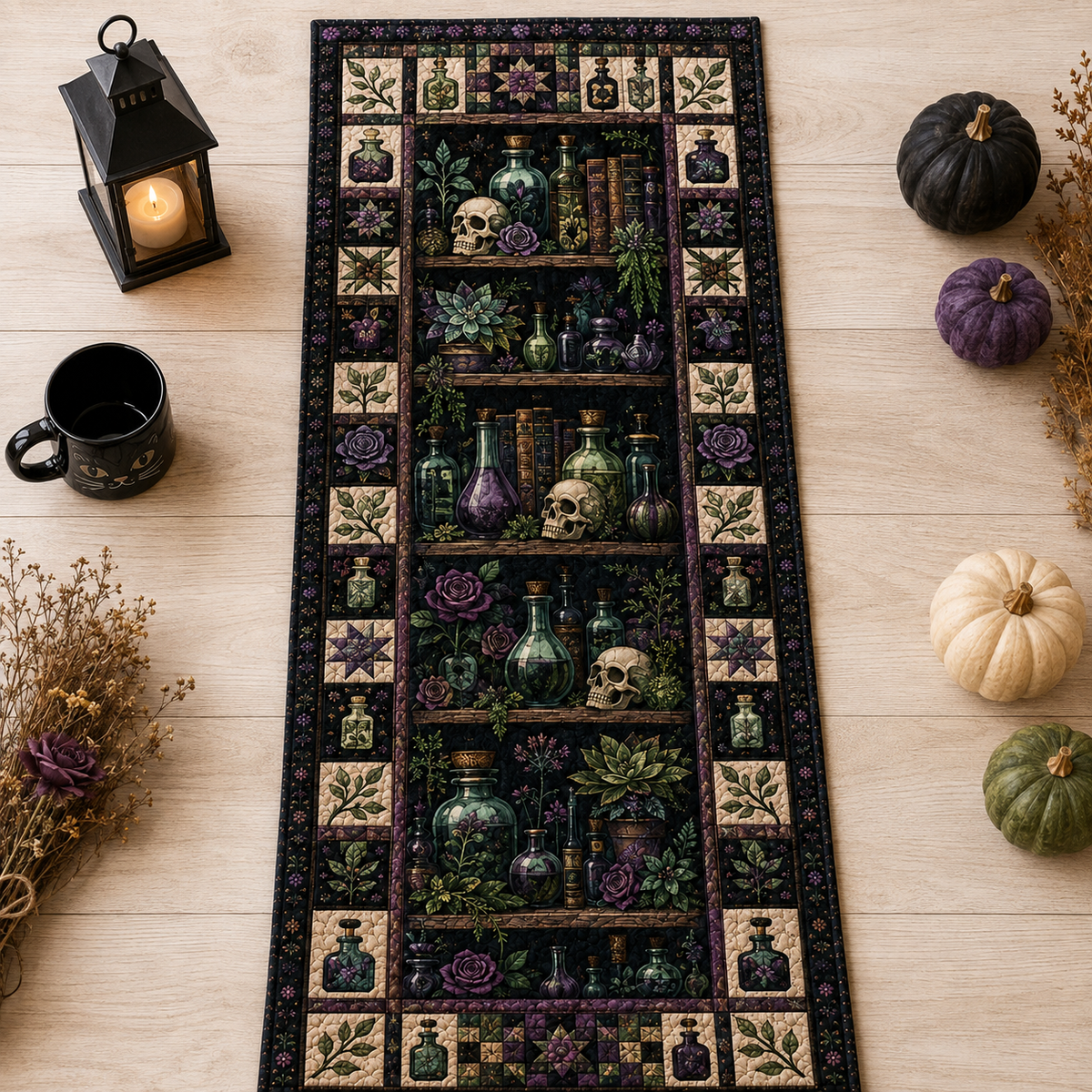 Witchy Apothecary Quilted Table Runner, Potion Bottles & Skulls Gothic Halloween Table Decor, Dark Botanical Kitchen Decor 2d7208d5-67c7-495b-b98a-25162f222b7a-Image-Aug-13-2026-02_53_31-PM-2-.png