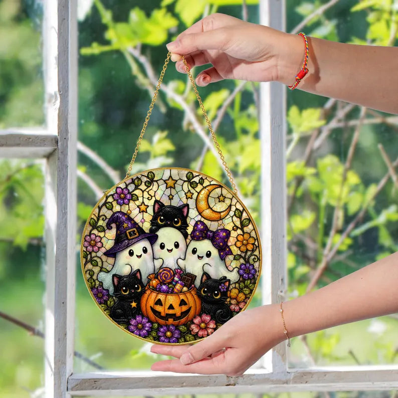 Halloween Ghost Cat Stained Glass Window Suncatcher, Cute Spooky Feline Decor, Witchy Autumn Hanging Art Gift - Golden Frame 2d880fa9-127f-40ff-b15b-94aa8af972c6-ghfgf.webp