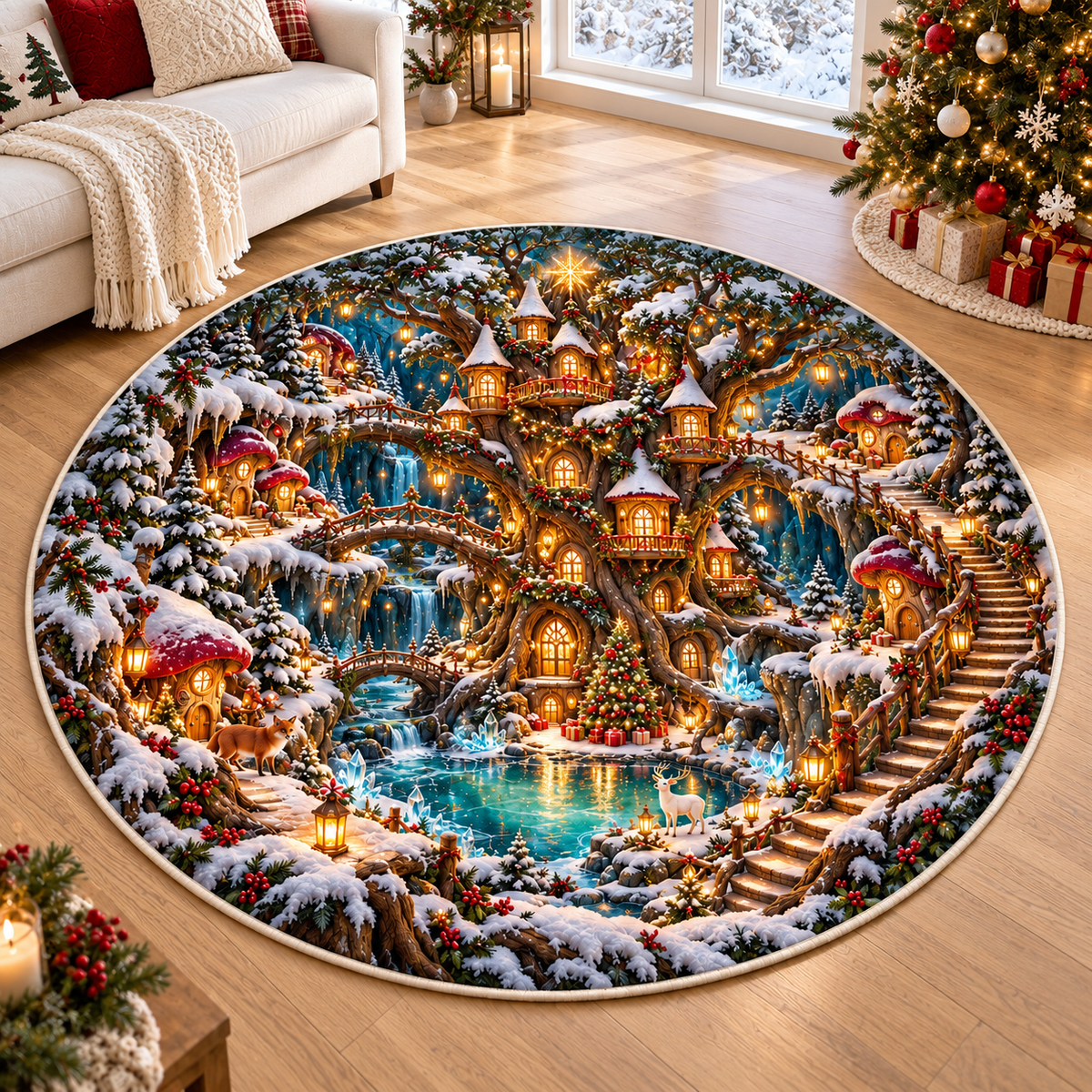 Fantasy Forest Christmas 3D Illusion Round Rug, Enchanted Treehouse Village Floor Mat, Fairy Tale Winter Area Carpet, Whimsical Holiday Home Decor 2dc91fea-6939-4591-a6be-ea6e3772819b-Fantasy-Christmas-Forest-Rug-in-Bright-Room-1.png