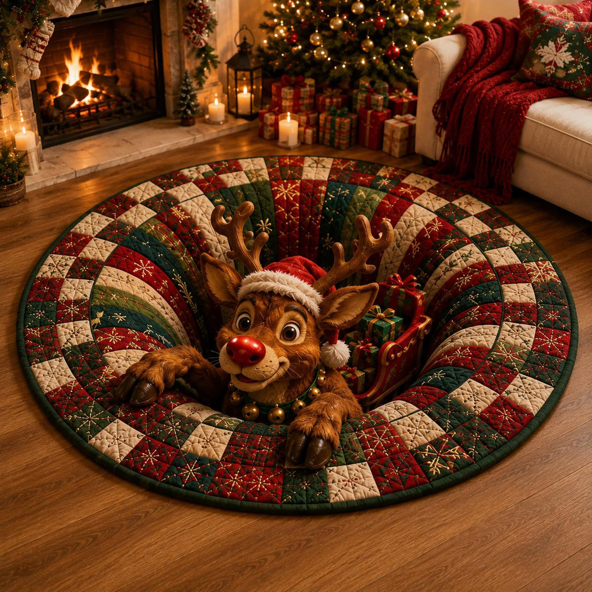Christmas Reindeer Round Rug, 3D Illusion Rudolph Quilted Floor Mat, Santa Sleigh Holiday Decor, Funny Christmas Home Rug 2dcf0360-9998-451a-b73d-b647c6063aff-4.jpg
