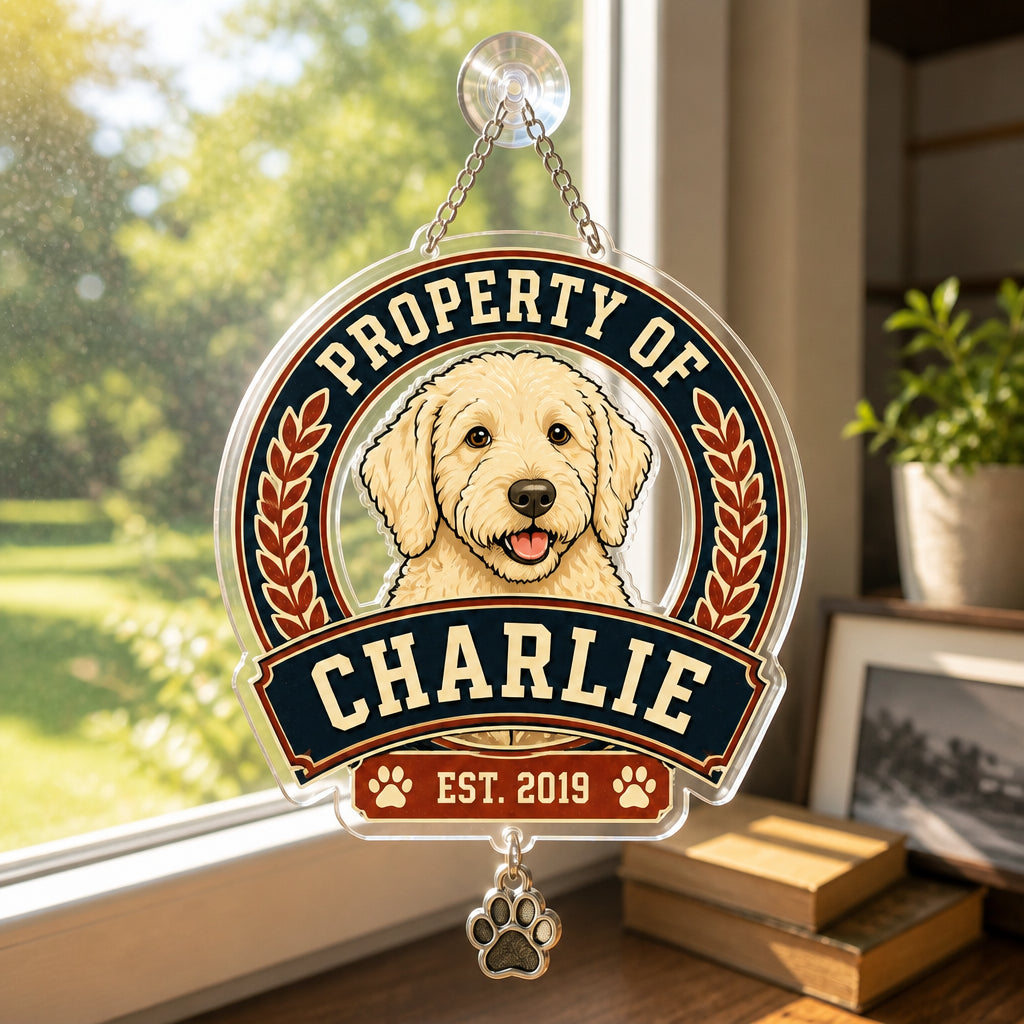Property Of [Pet Name] Crest Tee (Est. Year) - Personalized 1 Layered Suncatcher with Charm 2dd258f1-f1b8-46b5-a95c-8e67ebcb7ad9.jpg