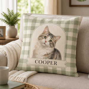 Custom Watercolor Pet Portrait Pillow – Arch on Sage Gingham - Personalized Pillow 2df68b88-0005-4cdc-8bee-828a72c98839.jpg