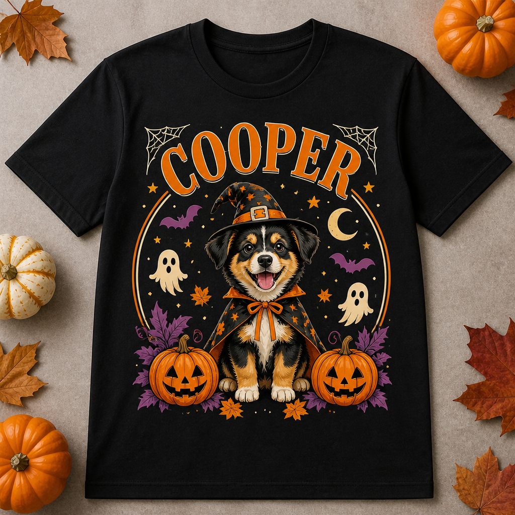 Halloween Witch Pup Personalized Name Tee - Personalized T-shirt 2e2b0a3a-d7bc-4100-894d-74ee6293004f.png