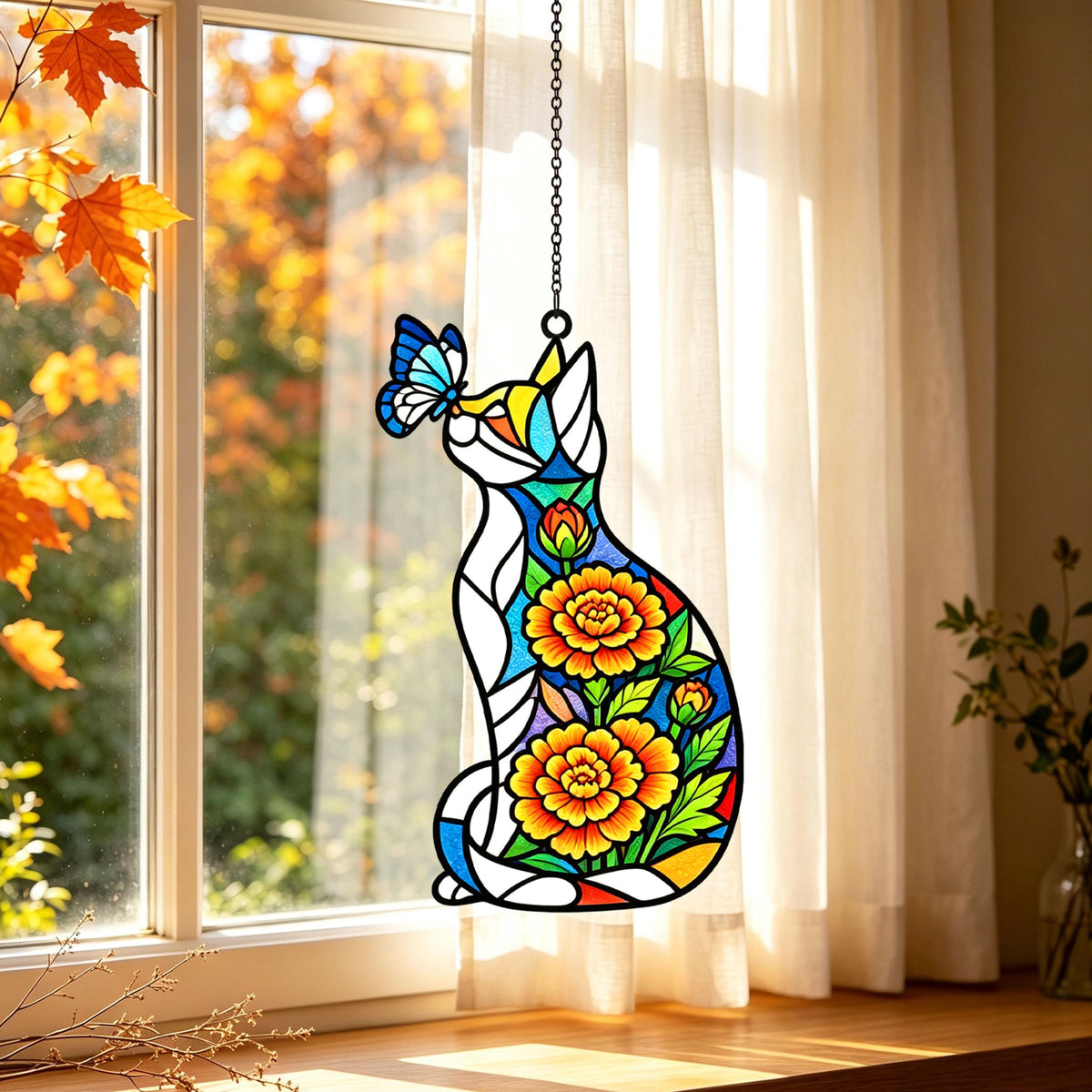 Cute Cat & Birth Month Flower Acrylic Suncatcher, Stained Glass Style Window Hanging, Boho Window Decor,Light Catching Gift for Cat Lovers 2e8bb6bc-1ff2-4add-9073-1fd04bf3003a-2.jpg