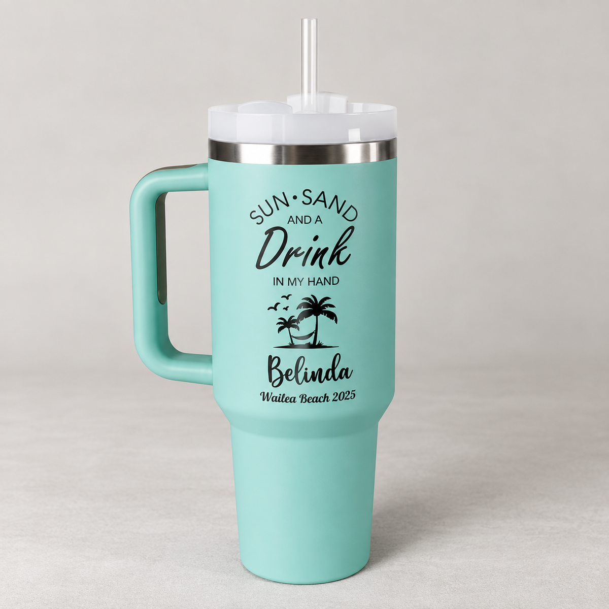 Personalized Beach Tumbler for Girl's Trip, Custom Vacation 40 oz Tumblers, Girls Weekend Gift, Laser Engraved Cups, Stainless Steel Mug 2e8eff08-29f0-461e-a505-6cb81d713dbf-Mint_Beach_Tumbler_with_Straw.png