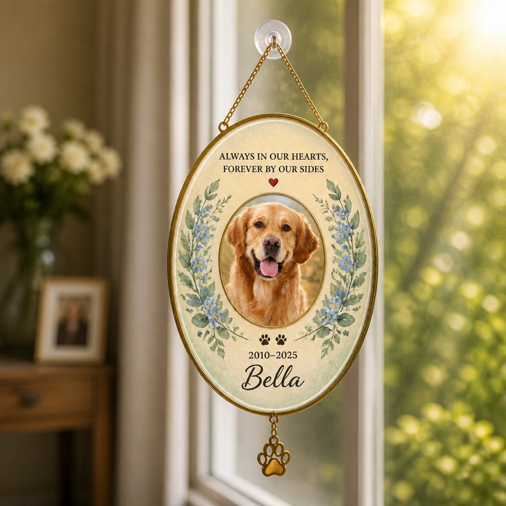 Pet Memorial Stone — Photo, Name & Dates (“Always in our hearts”) - Personalized 1 Layered Suncatcher with Charm 2ea6a90a-00a1-4500-b0fc-e382ff61ede0.jpg