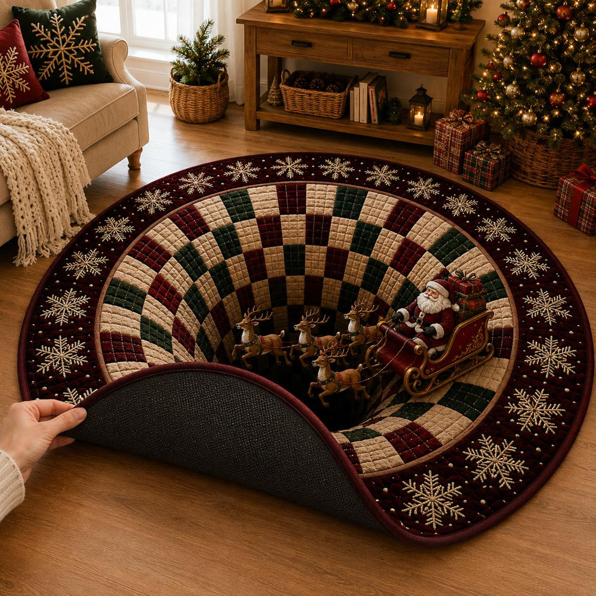 Christmas Santa Sleigh Vortex 3D Round Rug, Reindeer Checkered Optical Illusion Floor Mat, Christmas Gift, Non Slip Xmas Home Decor 2eb69517-be00-4966-91d6-bffdfe6a6006-2.jpg