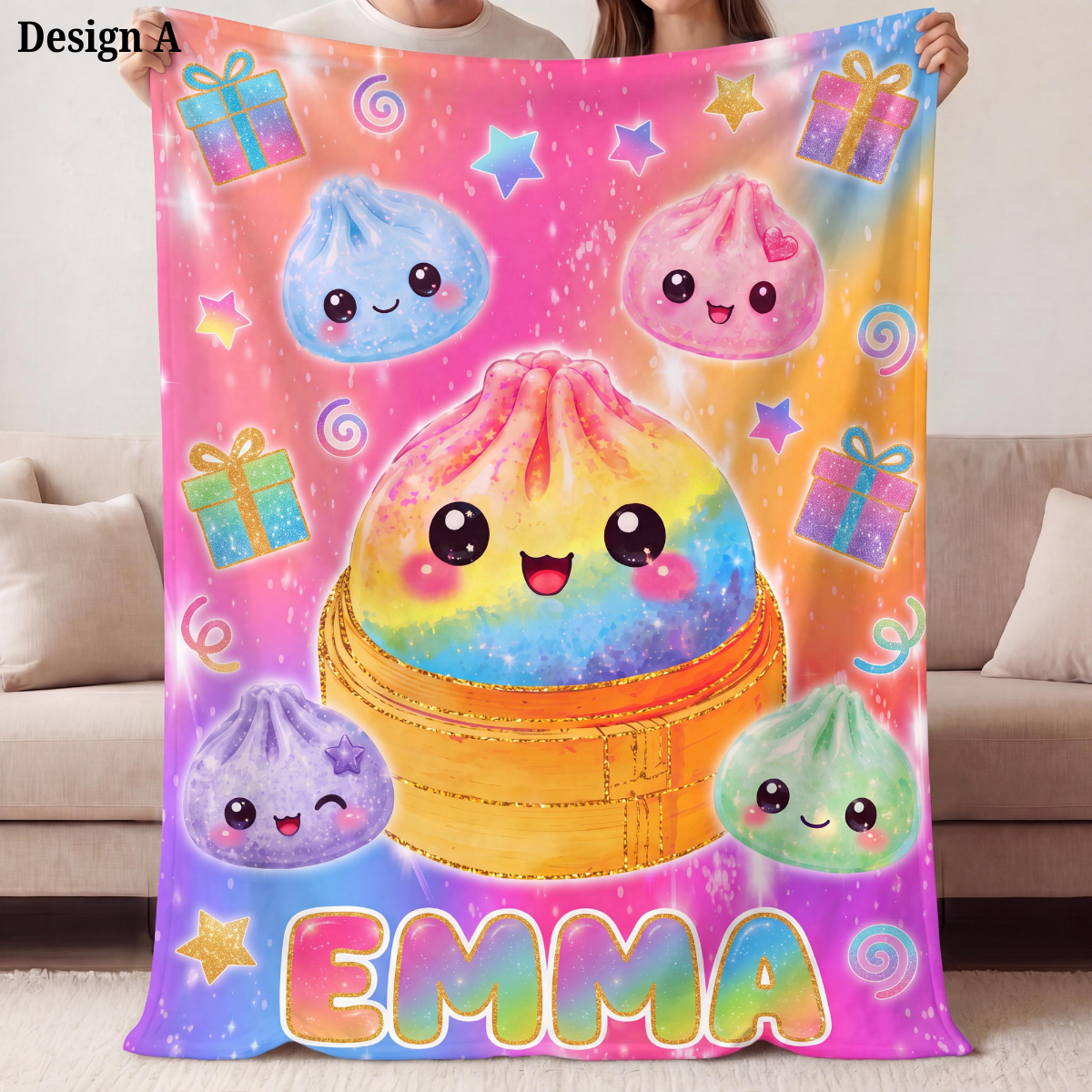 Personalized Kawaii Blanket for Kids, Custom Name Flannel Throw, Rainbow Dumpling Bao, Fidget Toy Sensory Blanket, Birthday Gift for Girls 2ed30dbb-53fd-4f96-bf6e-c54d9a5b95e4-A.png