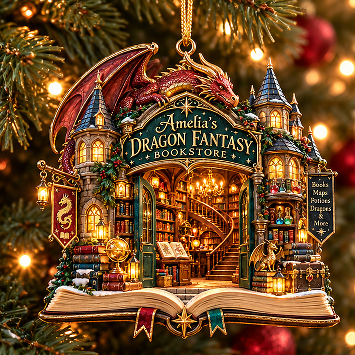 Personalized Dragon Fantasy Bookstore Christmas Ornament – Custom Name 2D Flat Ornament, Magical Book Lover Gift 2f0589ed-bca8-472c-9202-3e866d6590ca-amelia_dragon_bookstore_01_tree.png