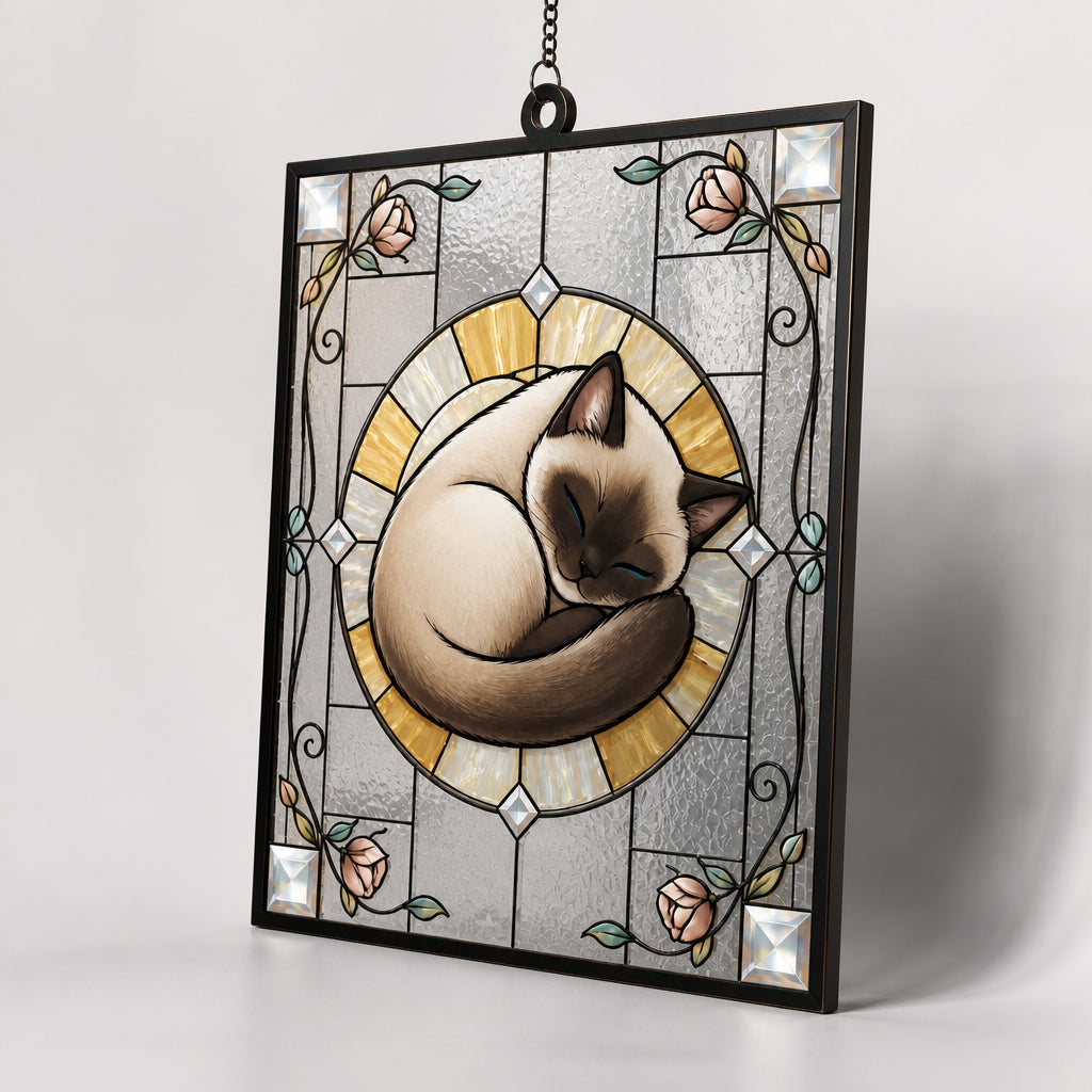 Curled Cat Art Nouveau Stained-Glass Suncatcher - Rectangle Stained Glass Suncatcher (PW) 2f37e80d-4789-447c-b0c2-528719cff89c.jpg