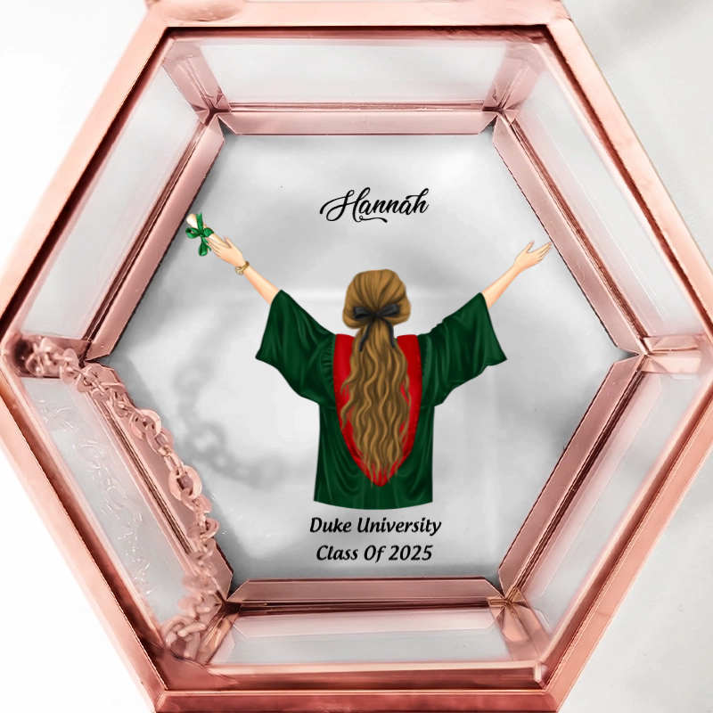 And Off She Went To Change The World - Personalized Hexagonal Glass Ring Box - Graduation Gift