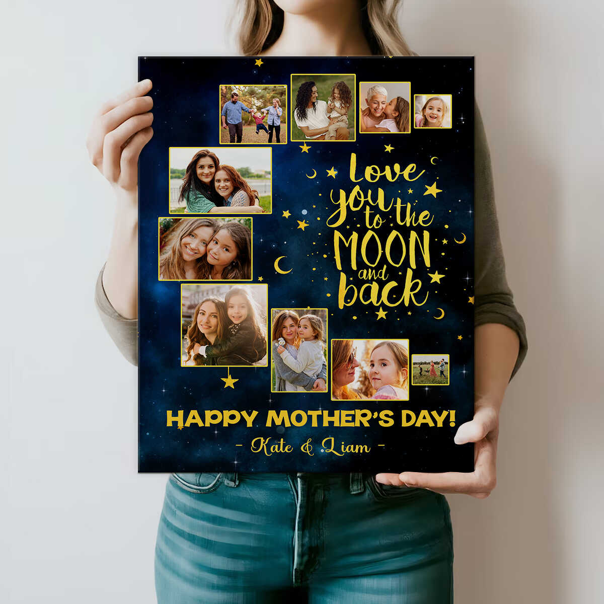 I Love You To The Moon And Back Personalized Moon Photo Collage Canvas, Mother s Day, Best Gifts for Mom s Birthday, Personalized Mom & Daughter Photo Canvas