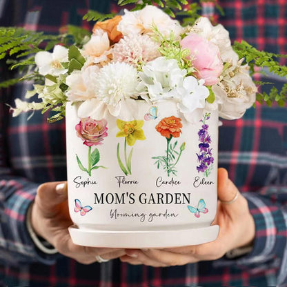 Personalized Grandma's Garden Outdoor Flower Pot With Grandkids Name and Birth Flower For Mother's Day