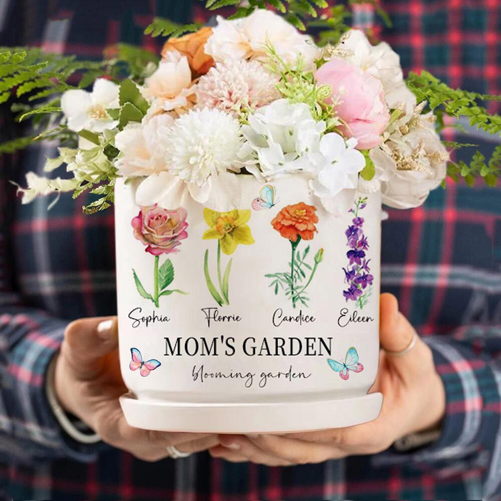 Personalized Grandma's Garden Outdoor Flower Pot With Grandkids Name and Birth Flower For Mother's Day
