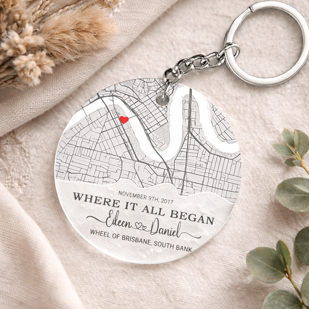 Custom Acrylic Map Where It All Began Keychain, Couple Custom Gift, Our First Date Map, Personalized Heart Map Keyring, Valentine's Day Gift