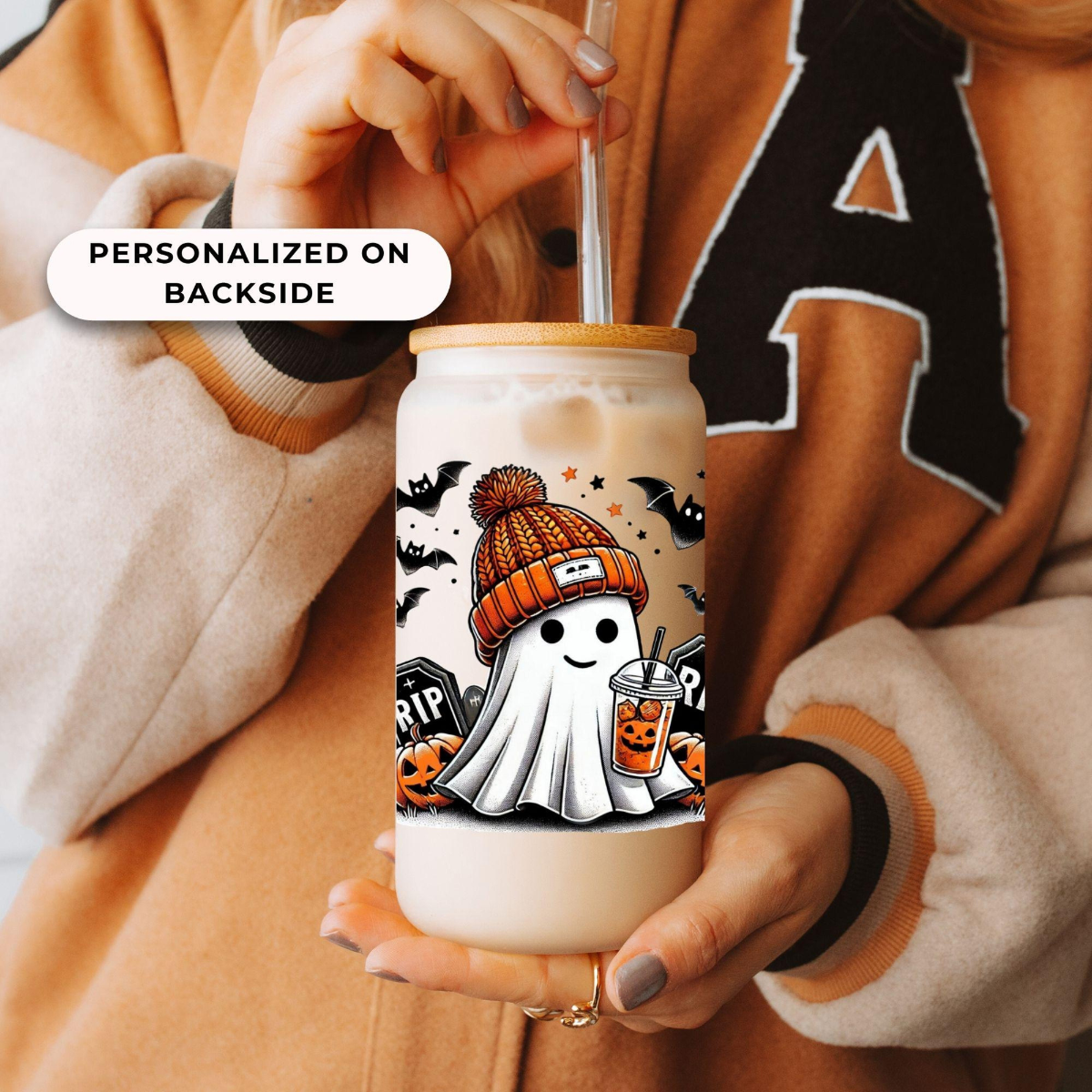 Personalized Halloween Ghost Glass Tumbler, Spooky Season Iced Coffee Glass, Gift for Halloween, Cute Ghost Coffee Cup