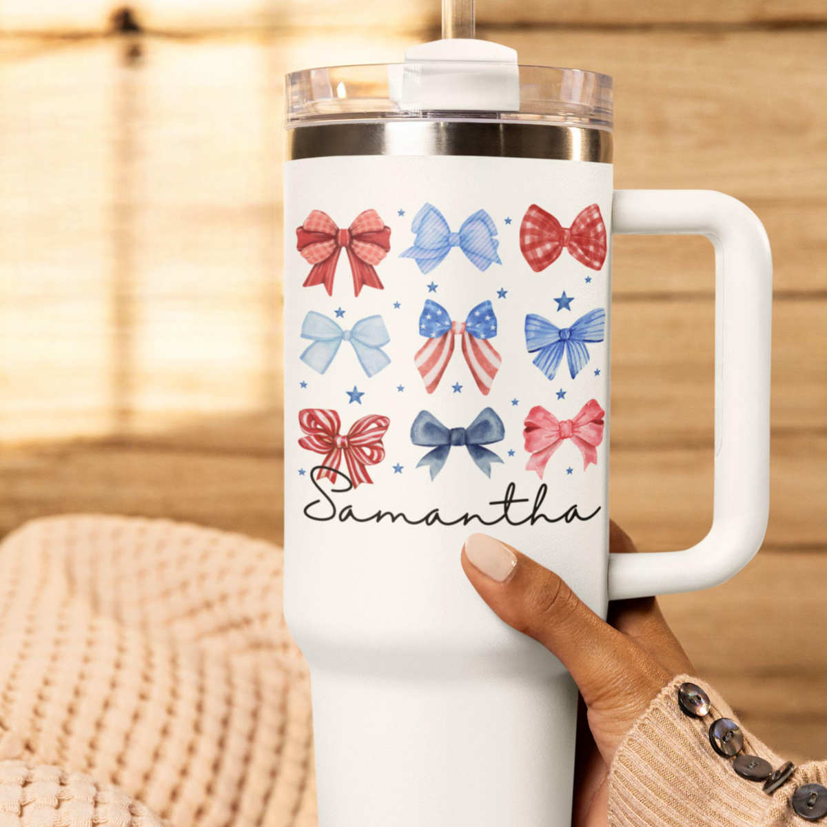 4th of July 40 oz Tumbler With Handle, Personalized July 4th USA America Patriotic Gift With Name Travel Cup, Gifts For Her