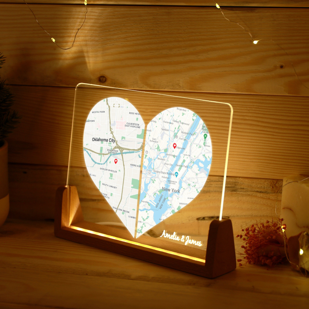 Custom Two Location Heart - Personalized Desk Name Plate - Gift Long Distance Love, Engaged Couples, Anniversary Gifts