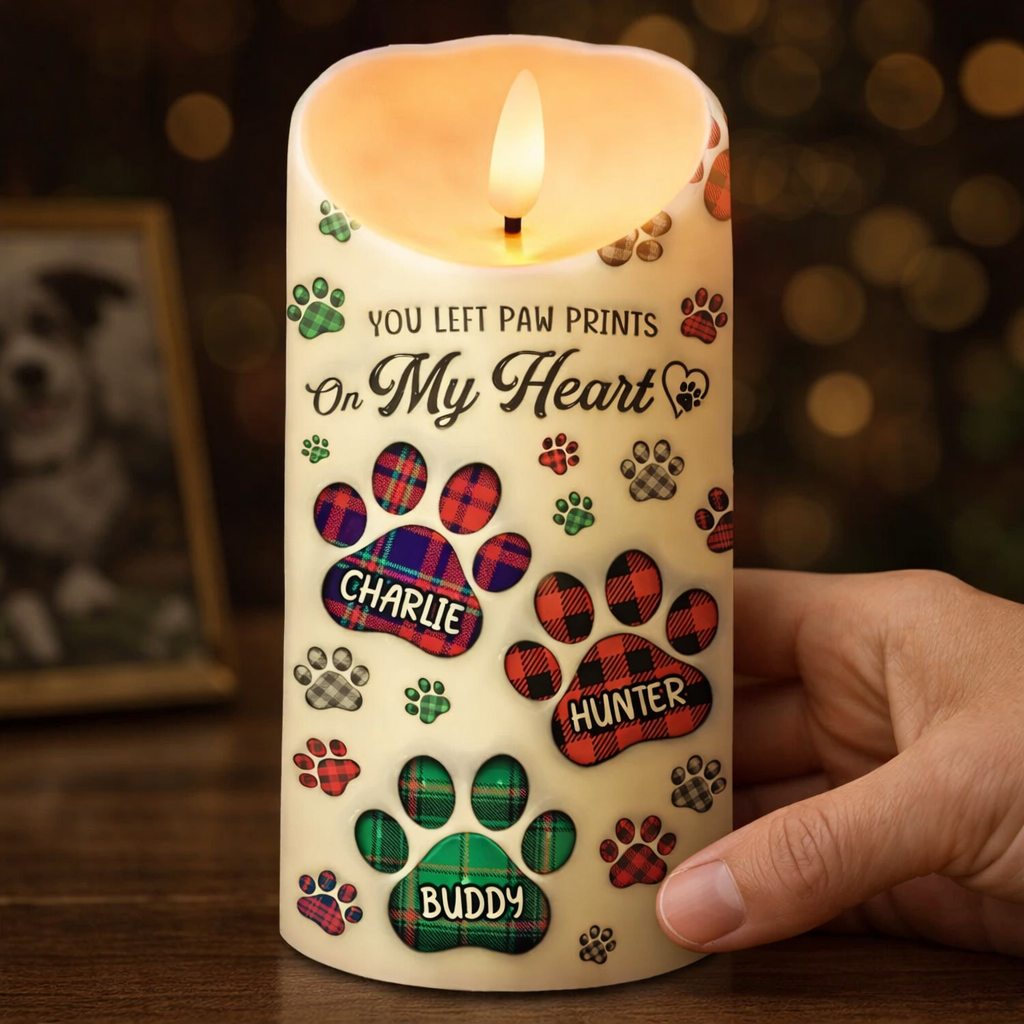 You Left Paw Prints On My Heart - Personalized Flameless LED Candle - Memorial Gift For Dog Owners, Sympathy Dog Loss Gift