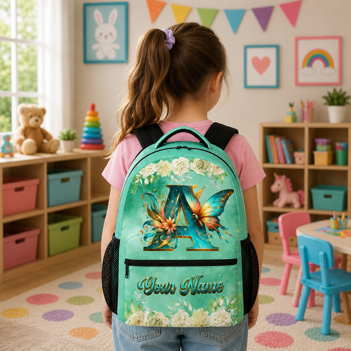 Girls Backpack - Personalized Butterfly Backpacks with Name/Initials for Kids Toddlers - Custom Bookbag Gifts for Daughter/Child - Lightweight School Bag for Kindergarten/Preschool/Elementary