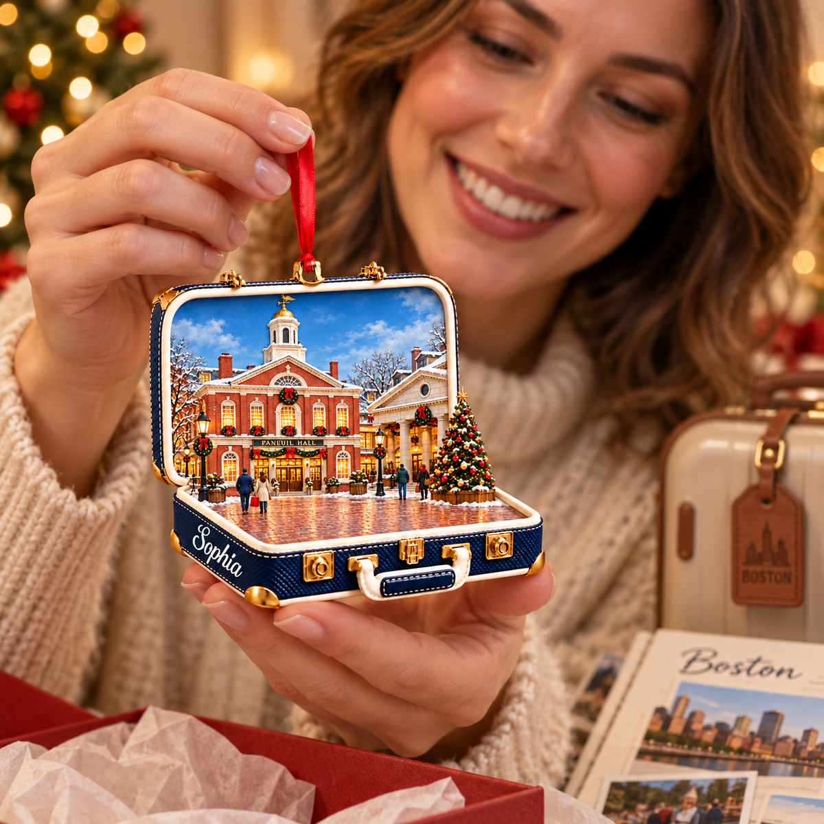 Personalized Faneuil Hall 3D Suitcase Christmas Ornament – Boston Travel Souvenir & Gift for Boston Lovers 301967ee-c6df-47b5-bb4f-a5b28e44536b-Admiring-a-Boston-Christmas-keepsake-3.png