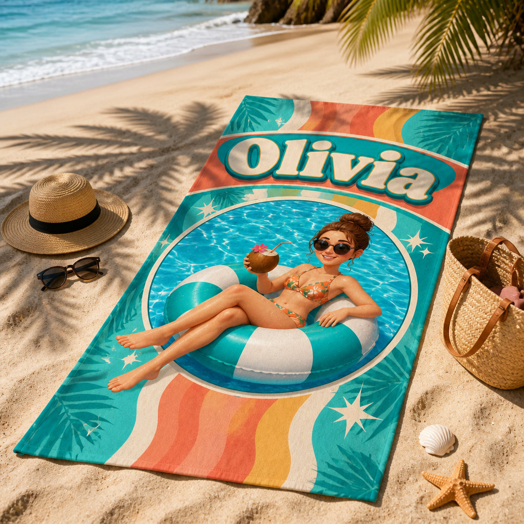 Photo-to-Cartoon Beach Towel – Name + Pool Float Portrait - Personalized Beach Towel 30bbf41d-2042-4a50-838c-3e0d207d4b18.jpg