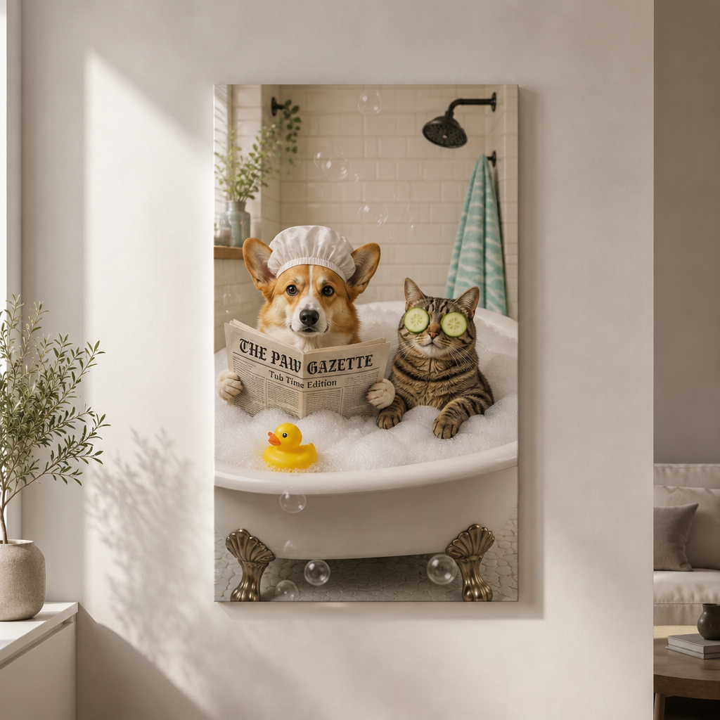 Funny Bathroom Pet Canvas – The Paw Gazette Tub Time - Canvas 30e169ac-b480-4f1d-a3fc-864e13b345e6.png