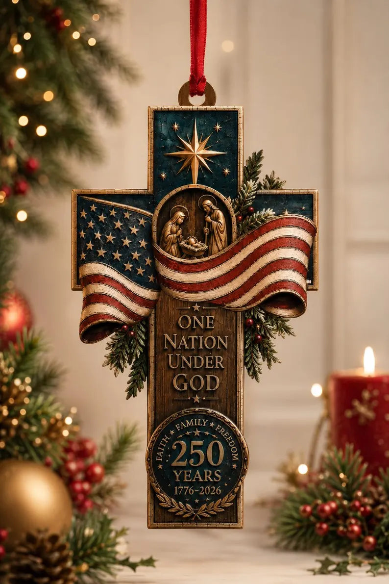 America Wood 2D Ornament, Faith Family Freedom, Patriotic Cross Decor, One Nation Under God, American Flag Ornament, Xmas Gift 30e46150-ff8a-452f-8eb3-d785c6bf2216-ghgh-6-.webp