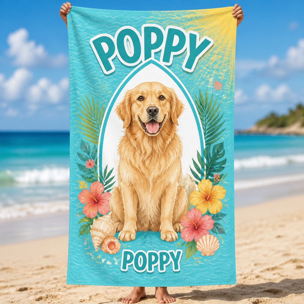 Custom Pet Portrait Beach Towel – Big Name Headline, Tropical Frame - Personalized Beach Towel 3144cdaf-8641-4505-899a-b71bbf710593.png