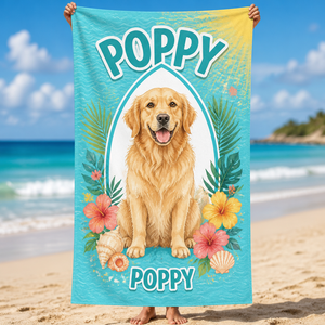 Custom Pet Portrait Beach Towel – Big Name Headline, Tropical Frame - Personalized Beach Towel 3144cdaf-8641-4505-899a-b71bbf710593.png