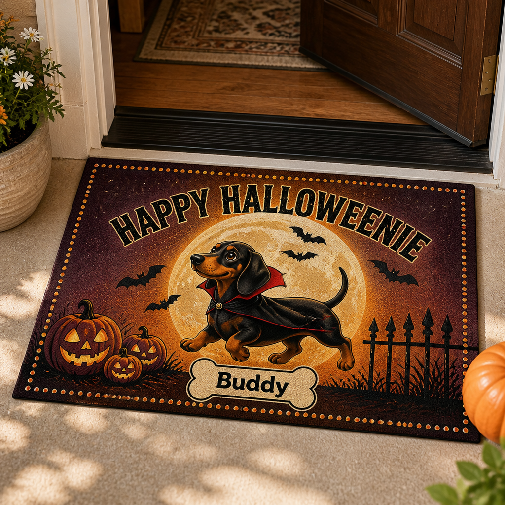 Happy Halloweenie Dachshund Doormat – Personalized Pet Name - Personalized Doormat 31733a1b-9c4b-4d91-9708-0e744a0f7633.png