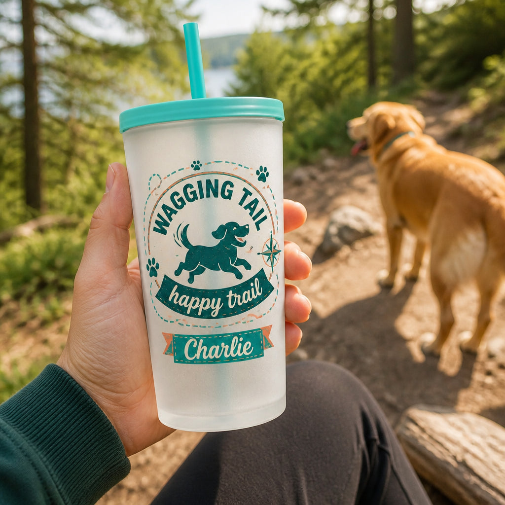 Wagging Tail Happy Trail Personalized Dog Water Bottle - Personalized Plastic Frosted Water Cup 317d3a82-c6cd-4f0f-bde3-74a86e52b464.jpg