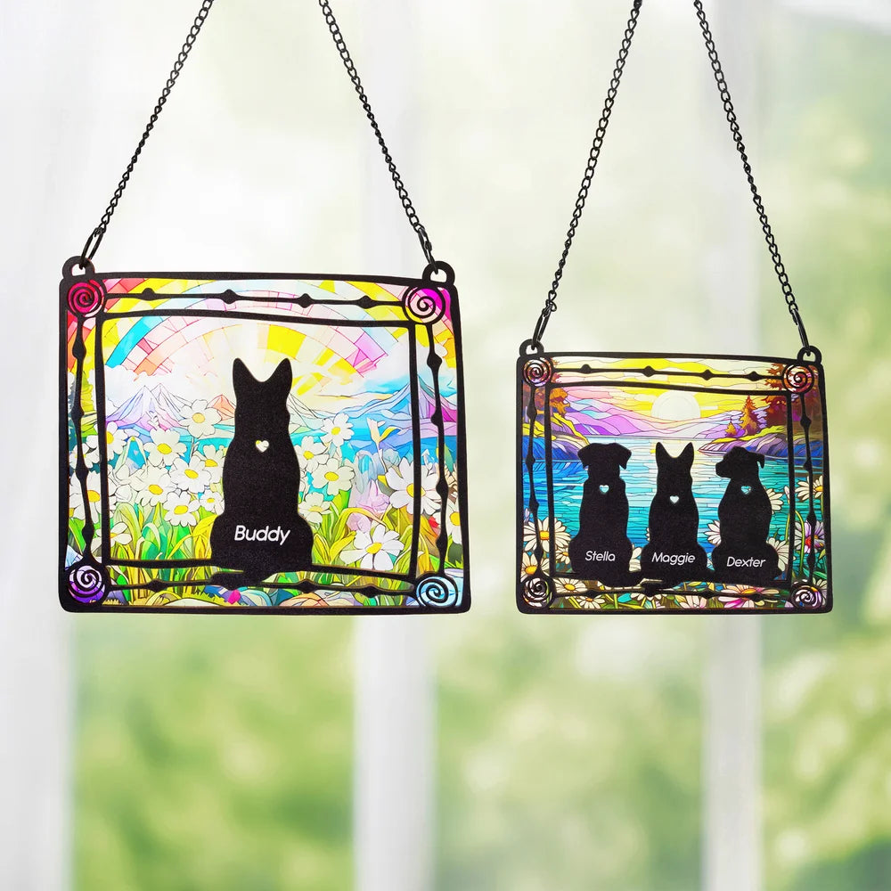 Personalised Stained Glass Style Dog Silhouette Design Window Hanging Suncatcher Ornament with Name Sympathy Memorial Gift for Dog Lovers Owner