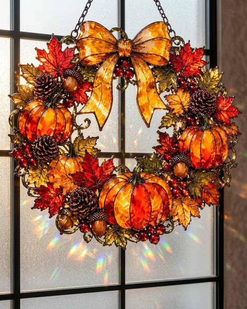 Pumpkin Wreath Suncatcher, Fall Window Decor, Acrylic Stained Glass Style Hanging Art Gift 31e2071d-d76a-4092-9c23-96e29a6cb5ba-ghghghgh-2-.jpg