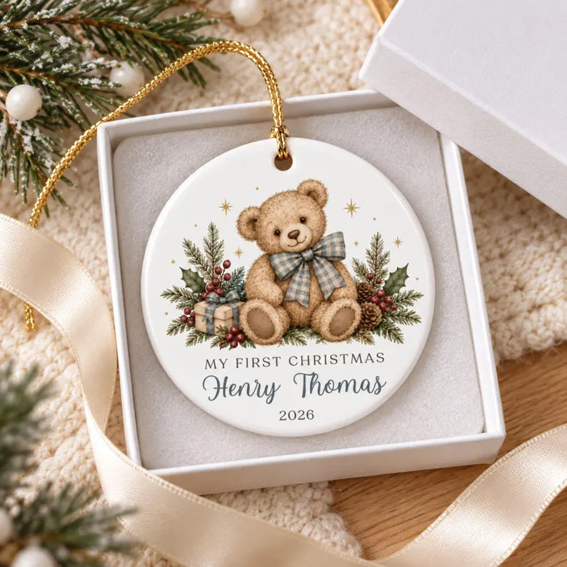 Personalized Baby's First Christmas Ornament, Teddy Bear with Blue Gingham Bow, Custom Name Ceramic Keepsake, Baby Boy Christmas 2026 323b238d-b6cd-41a1-9e73-365b561e4196-fgjyg-1-.webp
