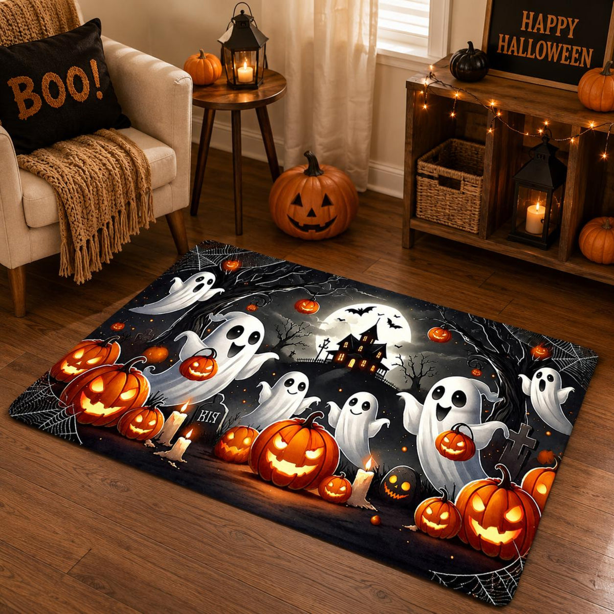 Halloween Area Rug Ghost Pumpkin Haunted House Printed Black Orange Autumn Indoor Floor Decor 323f0bc1-9d05-4012-af9f-2cb9a9e8691c-1.jpg