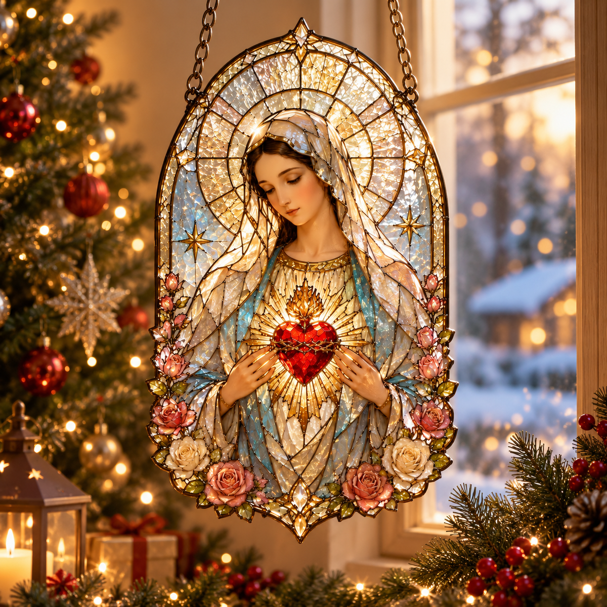Sacred Heart Mary window hanging, floral religious suncatcher with lilies, roses and golden halo 329f9e21-60b3-49ac-8f90-598018bafd9c-ebb5fa11-bdaf-4093-a30a-3e8f60987453.png