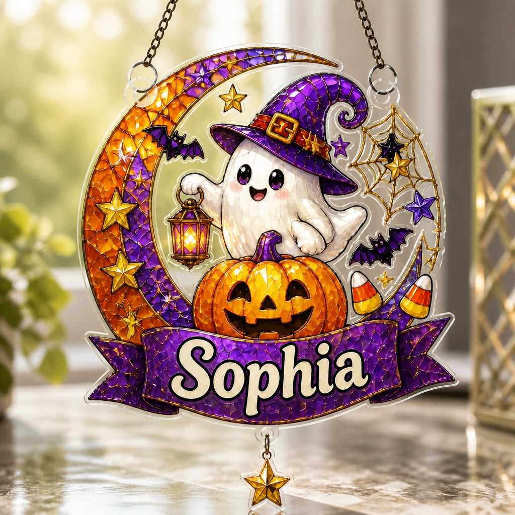 Personalized Witchy Ghost Pumpkin Suncatcher - Personalized 1 Layered Suncatcher with Charm 32e13866-6340-4ab9-9c2f-79d7c55d89d9.jpg